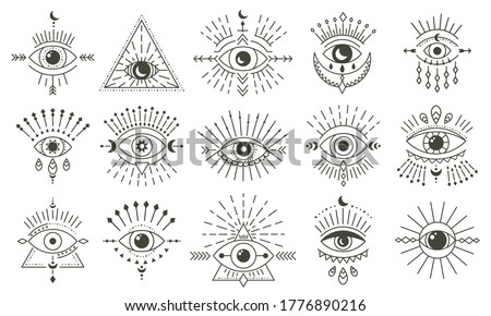 Evil doodle eye. Hand drawn magic witchcraft eye talisman, magical esoteric eyes, religion sacred geometry symbols vector illustration icons set. Amulet talisman, various luck souvenir