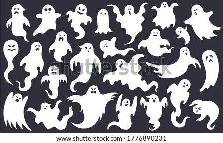 Spooky halloween ghost. Scary ghost characters, fly funny spook, cute smiling scare halloween ghost mascots vector illustration set. Halloween ghost white, spooky cartoon poltergeist