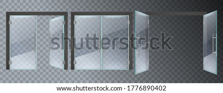Realistic glass door. Entrance modern glass doors, office or shop mall steel frame close and open doors vector illustration set. Entrance glass door, empty transparent enter