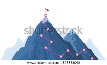 Mountain progression path. Climbing progress route, mountain peak overcoming, mountain climbing path with red flag on top vector illustration. Way path infographic, progress way to peak