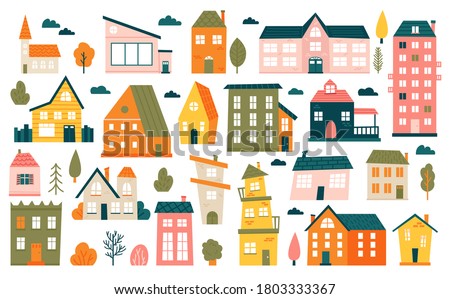 Cute tiny houses. Cartoon small town houses, minimalism city buildings, minimal suburban residential house vector illustration icons set. House small multicolour, structure town residential exterior