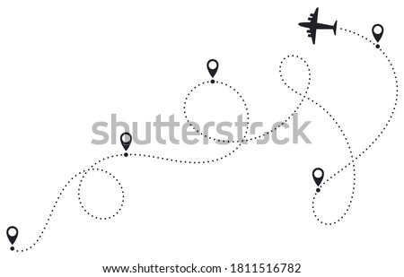 Airplane route line. Plane dotted route, airplane destination track, plane traveling destination pathway, plane travel map vector illustration. Location points with dashed itinerary