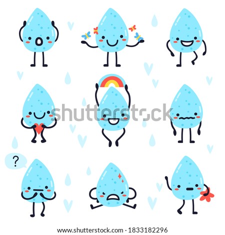 Cute water drops. Hand drawn happy water drops, raindrops, kawaii aqua droplets, water drops face expressions character vector illustration set. Characters with rainbow, heart, butterfly