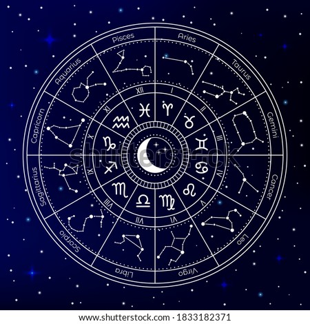 Zodiac astrology circle. Astrological constellation wheel, zodiac horoscope signs, mystical natal chart, wheel sky zodiac map vector illustration. Magic symbols, cosmic starry night sky