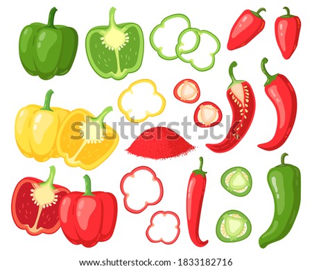 Cartoon peppers. Sweet red, yellow and hot peppers, bell pepper, juicy farm vegetables, pepper slices, cutaway peppers vector illustration set. Veggie rings, seasoning for cooking food