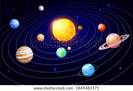 Cartoon solar system. Orbit astronomy space scheme, galaxy celestial bodies and planets satellites, universe planetary system vector illustration. Mars an venus, uranus, neptune and pluto