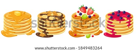 Cartoon pancakes. Stacks of tasty pancakes with maple syrup, butter, chocolate syrup, fruits and jam. Delicious breakfast food vector illustrations. American brunch with berries and nuts