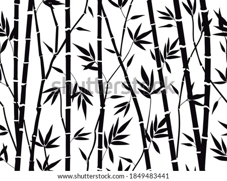 Bamboo forest texture. Bamboo forest silhouette, bamboo plants with leaves backdrop, asian bamboo stalks pattern vector background illustration. Tree branches with foliage for fabric