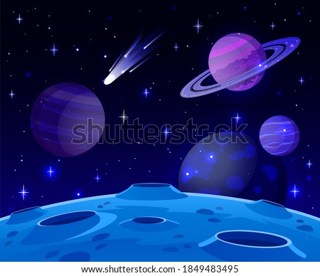 Cartoon space landscape. Cosmic planet surface, futuristic celestial bodies landscape, galaxy stars and comets view vector background illustration. Lifeless land with craters at night