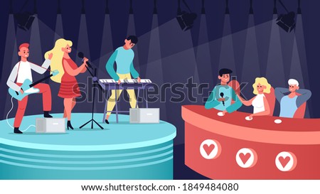 Talents music show. Vocal, musical TV competition, audition contest performing and jury judge. Singing talent show vector illustration. Musicians playing guitar and keyboard on stage