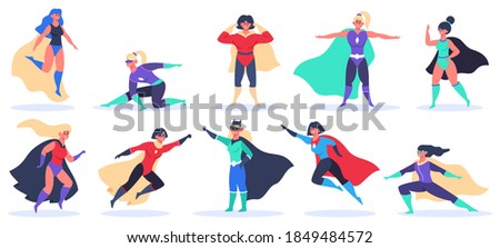 Female superheroes. Superwoman powerful characters, flying super girls in superwoman cloak costume, wonder women mascots vector illustration set. Posing characters in mantle or cape Foto d'archivio © 