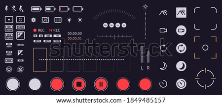 Smartphone camera icons. Mobile phone viewfinder interface elements, flash, quality, rec time, and battery ui icons. Phone camera vector symbols. Cellphone with functions for recording