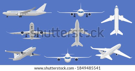 Airplane flight. Aircraft plane in front, side and top view, passenger plane or cargo service aircraft. Flying airplane isolated vector illustrations. Aviation or traveling concept