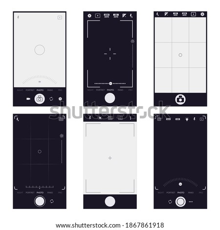Mobile viewfinder interface. Smartphone camera photo and video shooting, phone snapshot display. Mobile video and photo app vector illustrations. Cell phone application. Focusing screen template