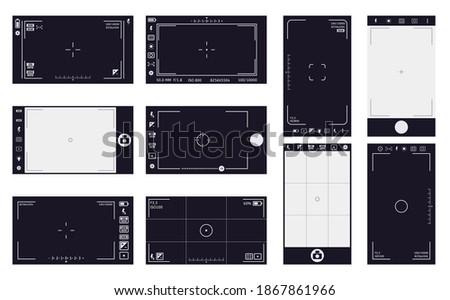 Camera viewfinder frames. Camcorder interface, cam screen with recording time and video quality. Camera digital interface vector illustrations. Flash, hdr, battery, stabilization ui icons