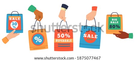 Sale shopping bags. Hands holding paper bags with purchase and discount percentage. Sales Promotion or gifts bags vector illustration set. Shopper pack bag for purchasing, package promotion