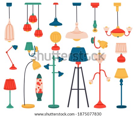 Home light. Interior lamps, ceiling lamps, pendant, reading lamp, spotlight and floor lamp. Indoor lighting vector illustration set. Electric lamp home, indoor chandelier contemporary