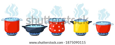 Cooking kitchen pots. Cartoon boiling saucepan, cooking soup boiling on gas stove. Boiling steamed water vector illustration set. Cooking pot with smoke, saucepan isolated preparation