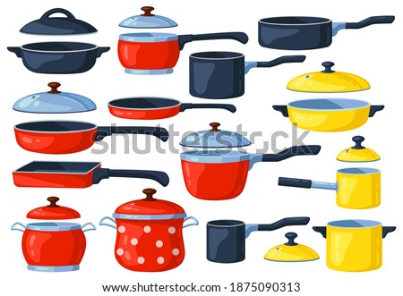 Cartoon frying pan. Cooking pots, metal saucepan and casserole, kitchen cooking items. Kitchen utensils vector illustration set. Cooking pan, kitchenware utensil equipment