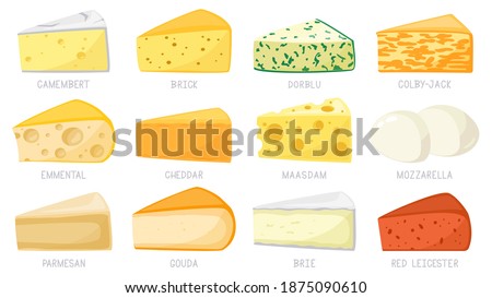 Cartoon cheese types. Cheese triangles, cheddar, brie, mozzarella, parmesan, camembert and brick. Tasty cheese vector illustration set. Parmesan and mozzarella, cheddar cheese triangle