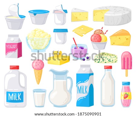 Dairy products. Cartoon milk, cheese, butter, sour cream, yogurt, cottage cheese and ice cream. Organic dairy food vector illustration set. Calcium ingredient, cheese and cream breakfast
