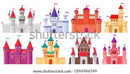 Cartoon medieval castles. Fairytale medieval towers, historical royal kingdom castles. Ancient fortress castles cartoon vector illustration set. Old citadel with gothic architecture