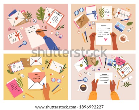 Hands with postcards and letters. Envelopes, postcards and letters top view, girls write, send and read letter. Mail sending hand-drawn vector illustration set. Girls arms with objects on table