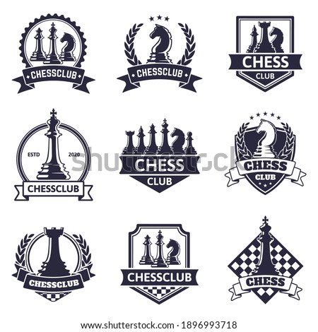 Chess club emblem. Chess game, chess tournament logo, king, queen, bishop and rook chess pieces silhouettes. Tactical game emblems vector illustration set. Victory badges with wreath and shield