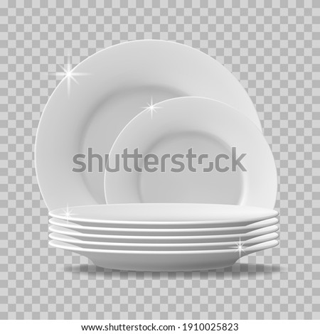 Realistic plates stack. Clean dishes, stacked kitchen tableware, dishwasher washed food plates. Stack of clean tableware  illustration. Porcelain crockery plate, detailed kitchen closeup utensil