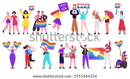 Pride parade. Lgbtq community movement, lesbian, gay, bisexual and transgender people group with rainbow flags and hearts. Love parade vector illustration set. Lgbtq rainbow freedom parade for rights