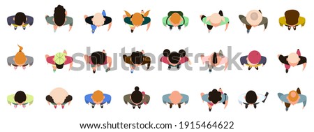 People top view. Male and female characters view from above, walking, standing men and women. Top view people poses vector illustration set. Male and female people top view