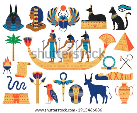 Egyptian elements. Ancient gods, pyramids and sacred animals. Egypt mythology symbols vector illustration set. Ancient mythology egyptian, anubis and pharaoh