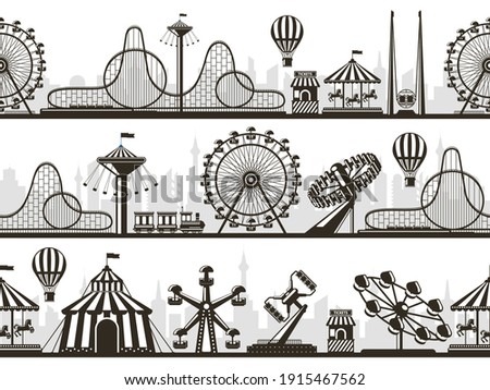 Amusement park views. Attractions park landscape silhouettes with ferris wheel and roller coaster. Entertainment park silhouette vector illustration set. Carousel and roller, swing coaster