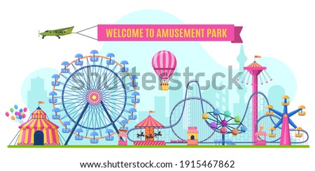 Amusement park landscape. Attractions park ferris wheel, roller coaster and carnival carousel view. Festive park vector illustration. Illustration amusement park, festive carnival with rollercoaster 商業照片 © 