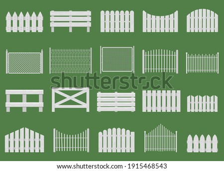 White fences. Wooden fences, garden or house wood fencing. Rural white fence isolated vector illustration set. Wooden fence farm, barrier garden, wood fencing
