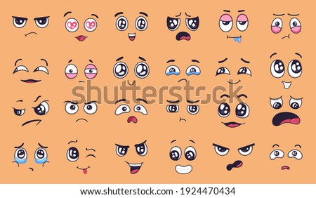 Cartoon faces. Happy and sad mood facial expressions. Laughing, smiling mouth and crying eyes. Different moods vector set. Illustration eye sad emotion, expression cry and smile