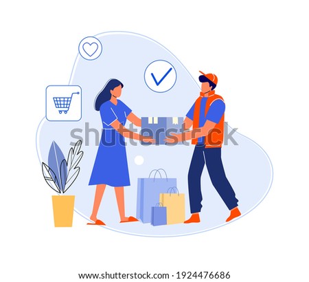 Courier delivered parcel to customer' home. Vector shipping and delivery package service, box delivery from shop to customer illustration
