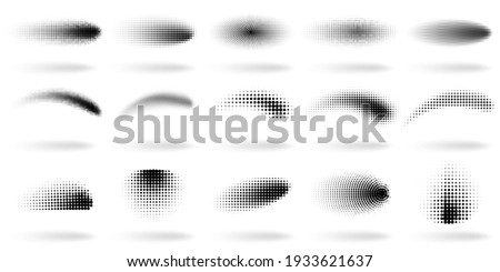 Halftone dotted shapes. Abstract dots gradient wave effect shapes, halftone gradient spray texture vector illustration set. Dots gradient elements. Pop art spotted figures isolated on white Foto d'archivio © 