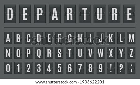 Airport flip board alphabet. Scoreboard lettering font, ABC on airport signs or countdown panels. Score board letters and numbers vector illustration set for arrival and departure, railway station