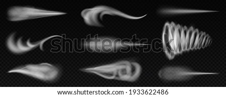 Realistic wind trails. Dust spray and smoky stream and wind blowing trails, smoky stream. Flow curved shapes vector illustration set. Air fog or blast isolated collection, flying smoke