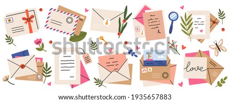 Mail envelopes. Post cards, envelopes, post stamps, craft paper letters and mail envelopes. Postage cards, cute envelopes  illustration set