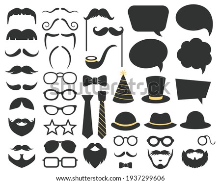 Fathers day photo booth props. Photo booth speech bubble, moustaches, glasses and beard props. Happy fathers day photo props decorations vector illustration set Foto d'archivio © 