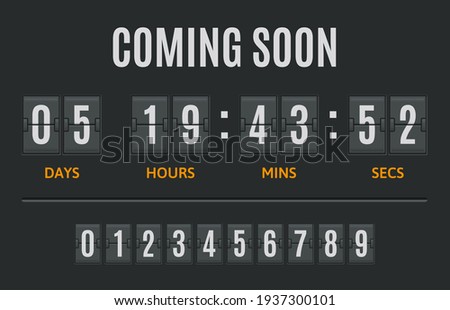 Countdown flip timer. Flip clock days, hours and minutes counter, flipclock counting display. Date timer retro display vector illustration set