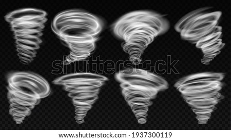 Realistic tornado storm funnel. Wind storm, tornado swirl and round vortex spiral. Whirlwind weather elements vector illustration set