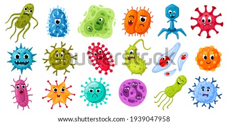 Cartoon microbes and viruses. Germs characters with funny faces, bacteria and disease viruses mascots. Pathogen microorganism vector illustration set