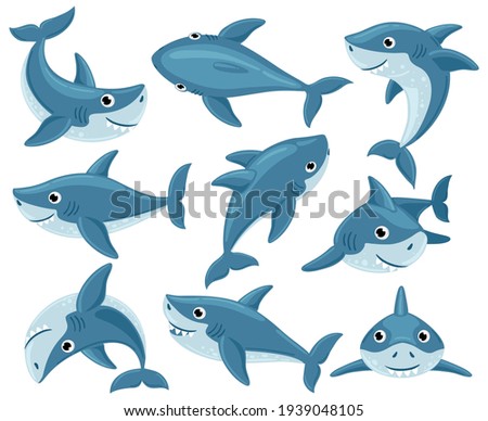Cartoon sharks. Cute underwater shark animals, toothy fish mascot, ocean fauna character. Sharks creatures mascots vector illustration set
