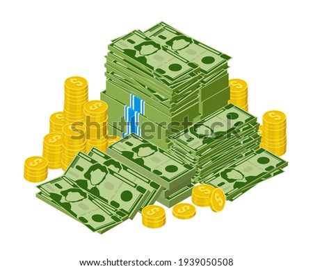 Dollar bills pile. Stacked money, green dollar cash and gold coins, money finance success. Heap dollar bills vector illustration