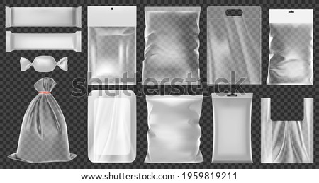 Realistic plastic package. Empty vacuum plastic containers, clean polythene food packaging vector illustration set. Transparent 3d plastic bags. Realistic package, plastic clear and polythene
