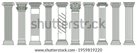 Ancient classic pillars. Greek and roman architecture pillars, historic architectural columns isolated vector illustration set. Antique classic columns. Greek pillar, historic line podium