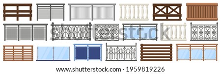 Balcony railing. Metal, wooden and stone decorative balcony fences, terrace fencing isolated vector illustration set. Home facade balcony elements. Balcony facade, construction banister balustrade